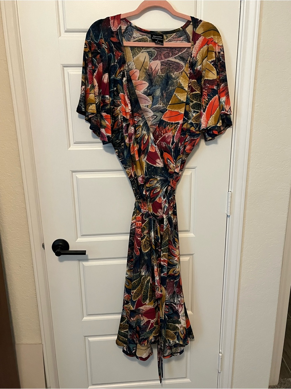 Matrushka Construction Scarlet Wrap Dress - L Large Leaves Floral Jewel Tone